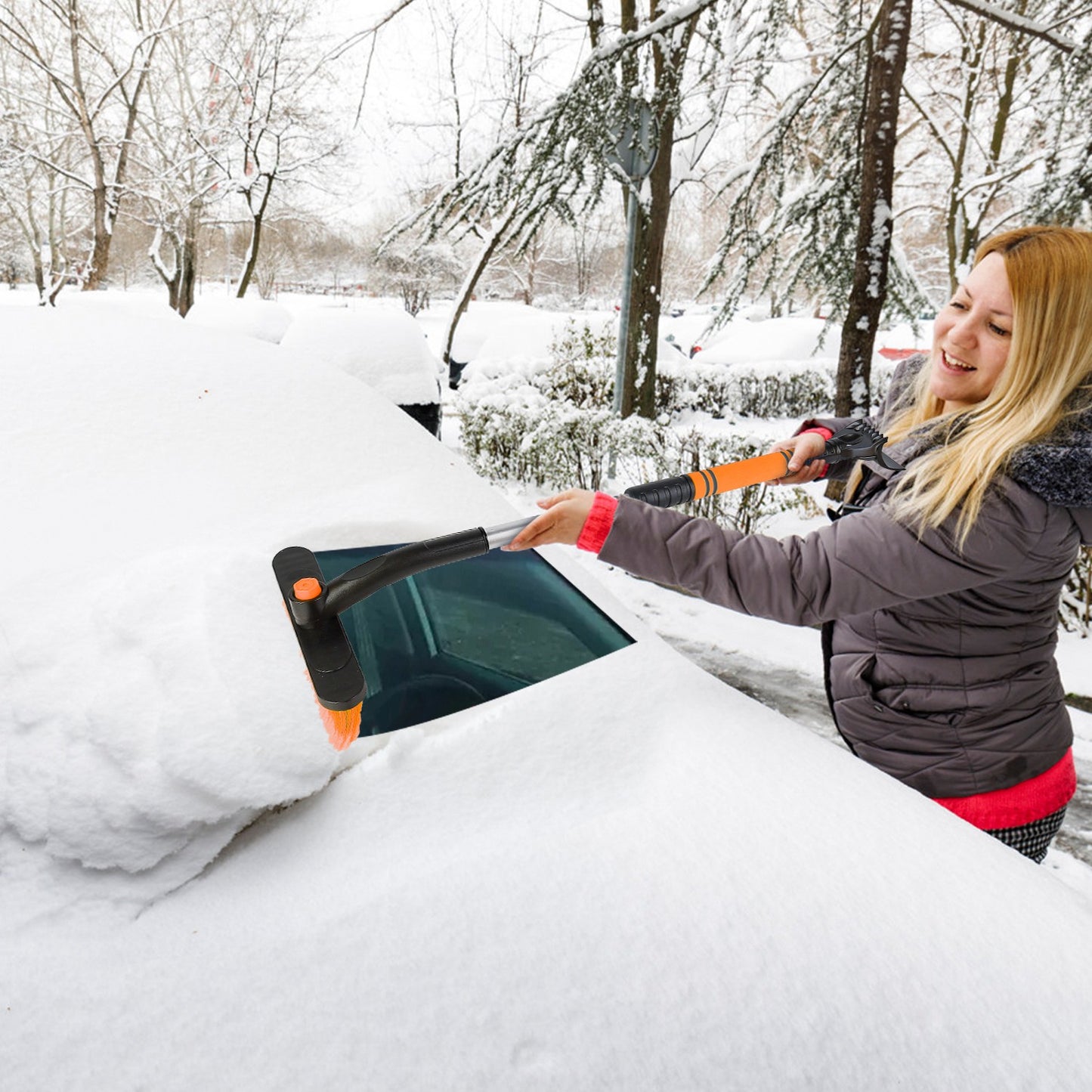 Extendable Snow Brush and Ice Scraper with Pivoting Head