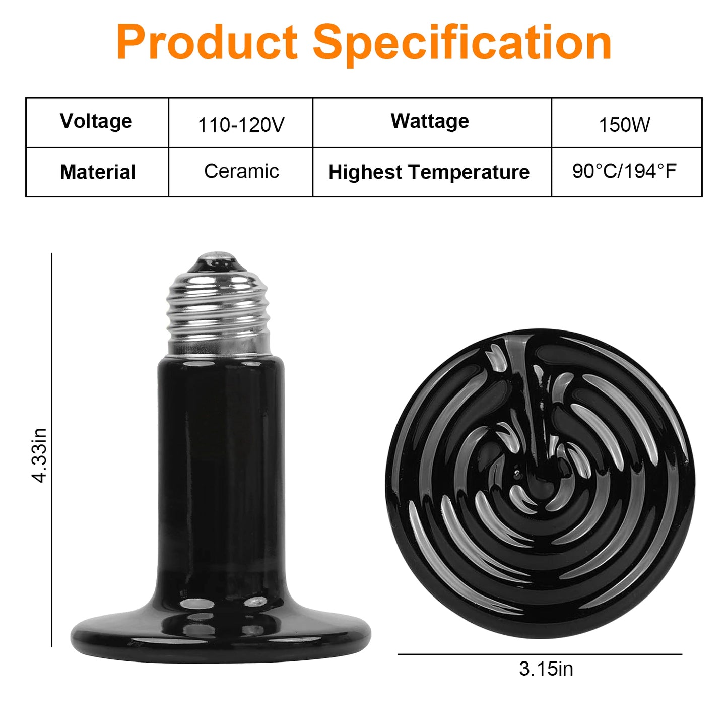 Ceramic Heat Lamp 150W Infrared Reptile Heater - 2 Pack