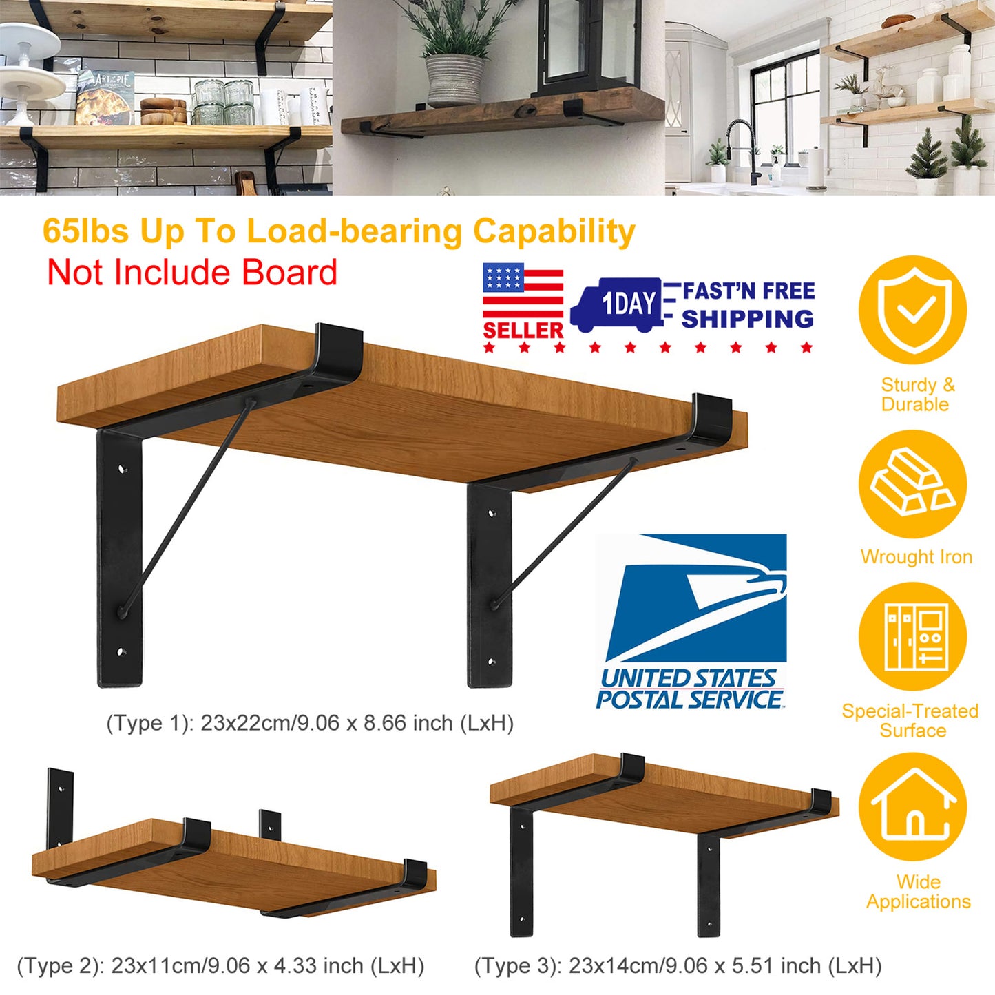 Heavy Duty Wall Mounted Shelf Brackets - 2 Pack Black Metal