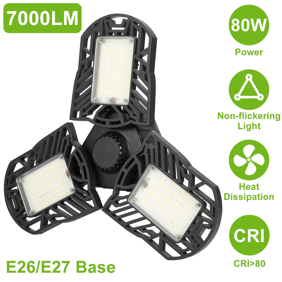 LED Garage Light, iMounTEK E26/E27 80W 7000LM 6500K Garage Ceiling Light Deformable Workshop Lamp Die Cast Aluminum LED Ceiling Light Bulbs with 3 Adj
