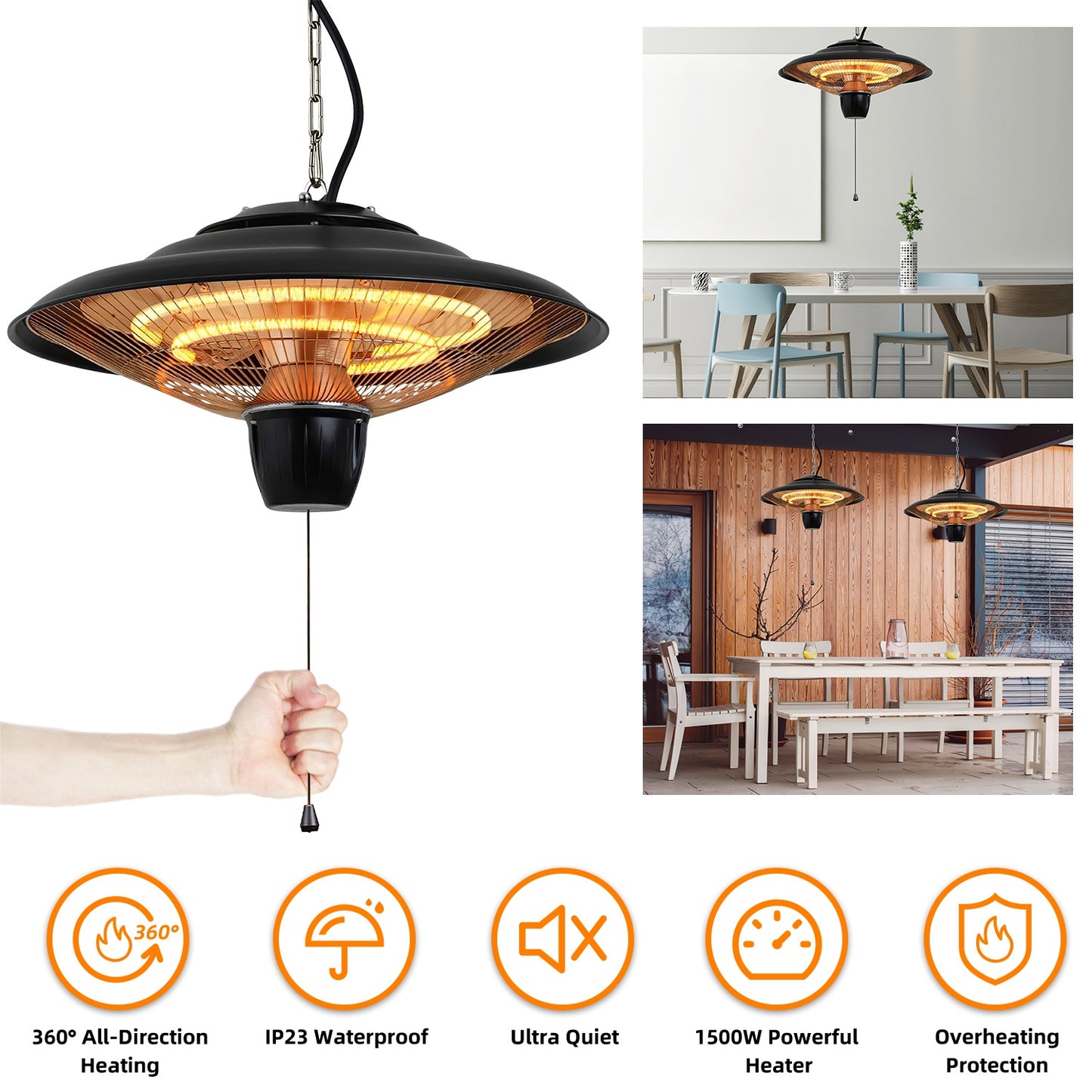 1500W Hanging Patio Heater with IP23 Waterproof & 2 Heat Levels