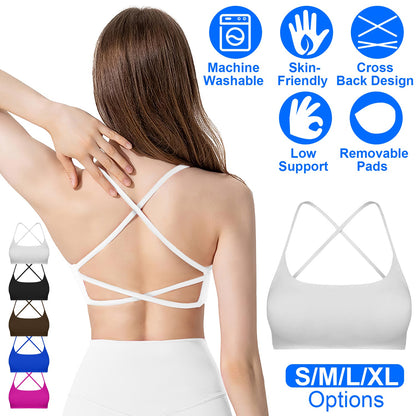 Women Cross Back Sport Bras Padded Strappy Crop Open Back Low Impact Bras Sexy Fitness Tank Tops with Removable Pads Thin Straps for Gym Yoga Workout