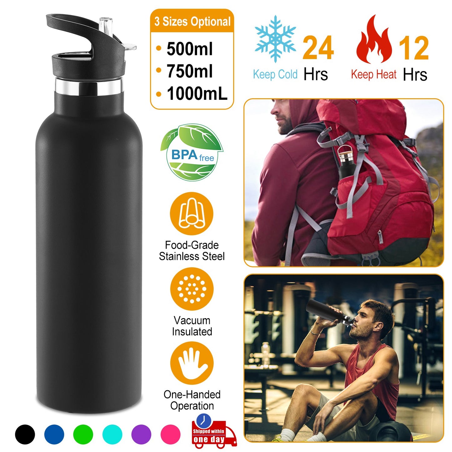 Insulated Stainless Steel Water Bottle with Dual Lids & Straws