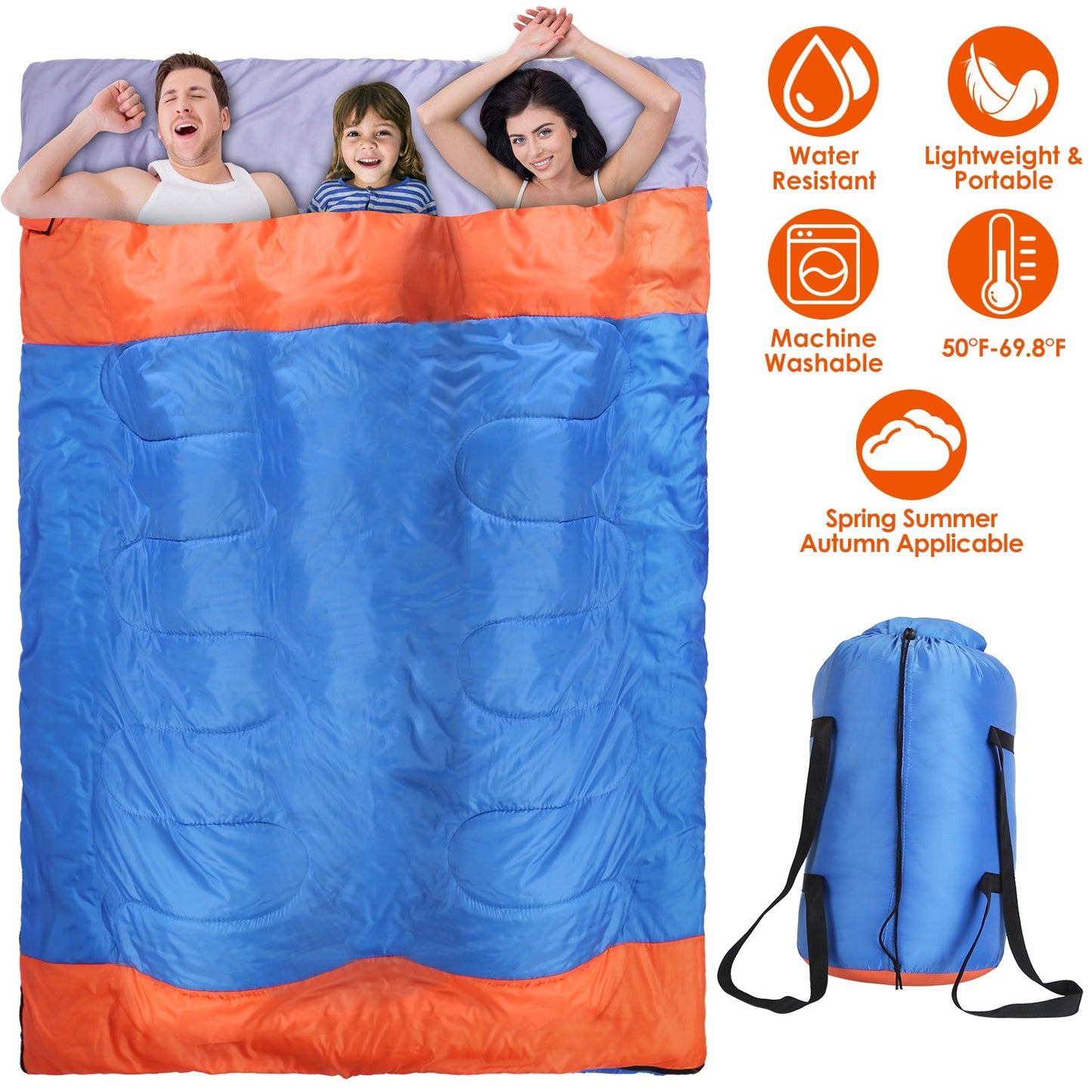 Double Sleeping Bag for 2-3 People - Water Resistant Cotton