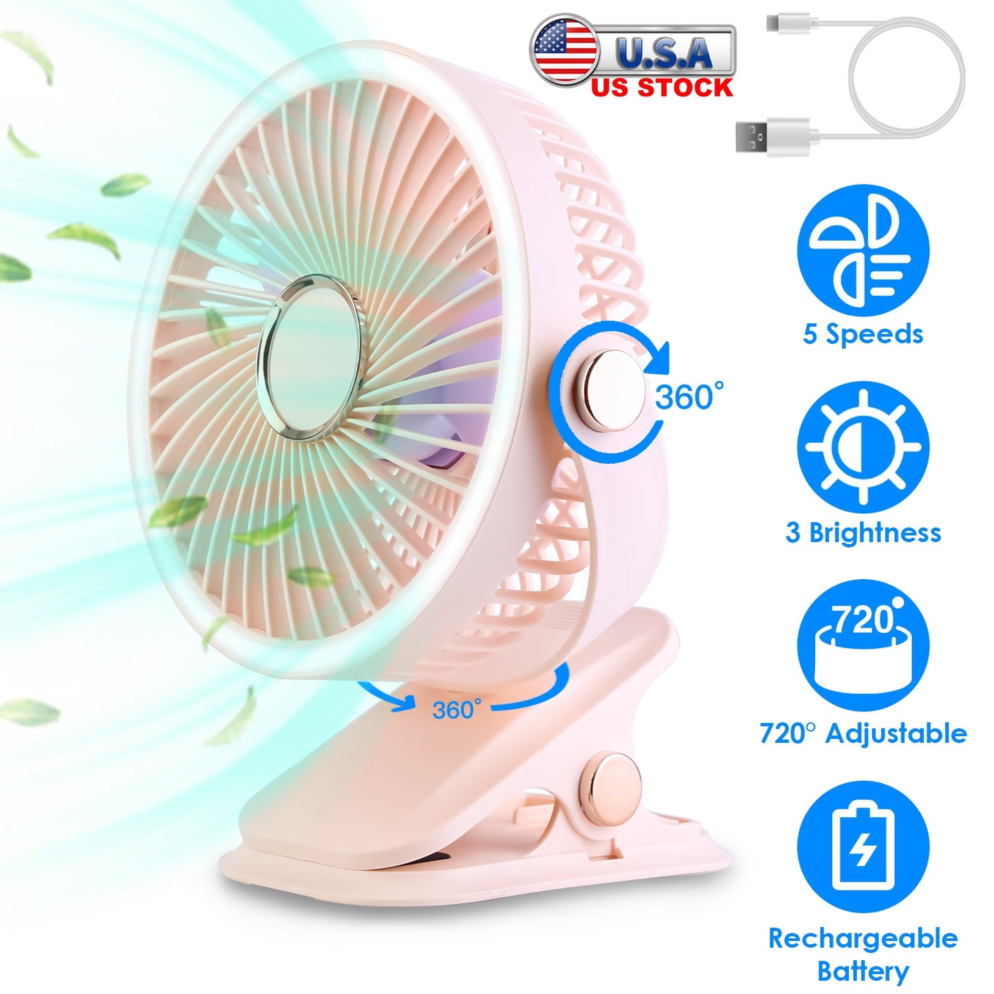 Clip-On Fan with 5 Speeds, LED Light & 720° Rotation