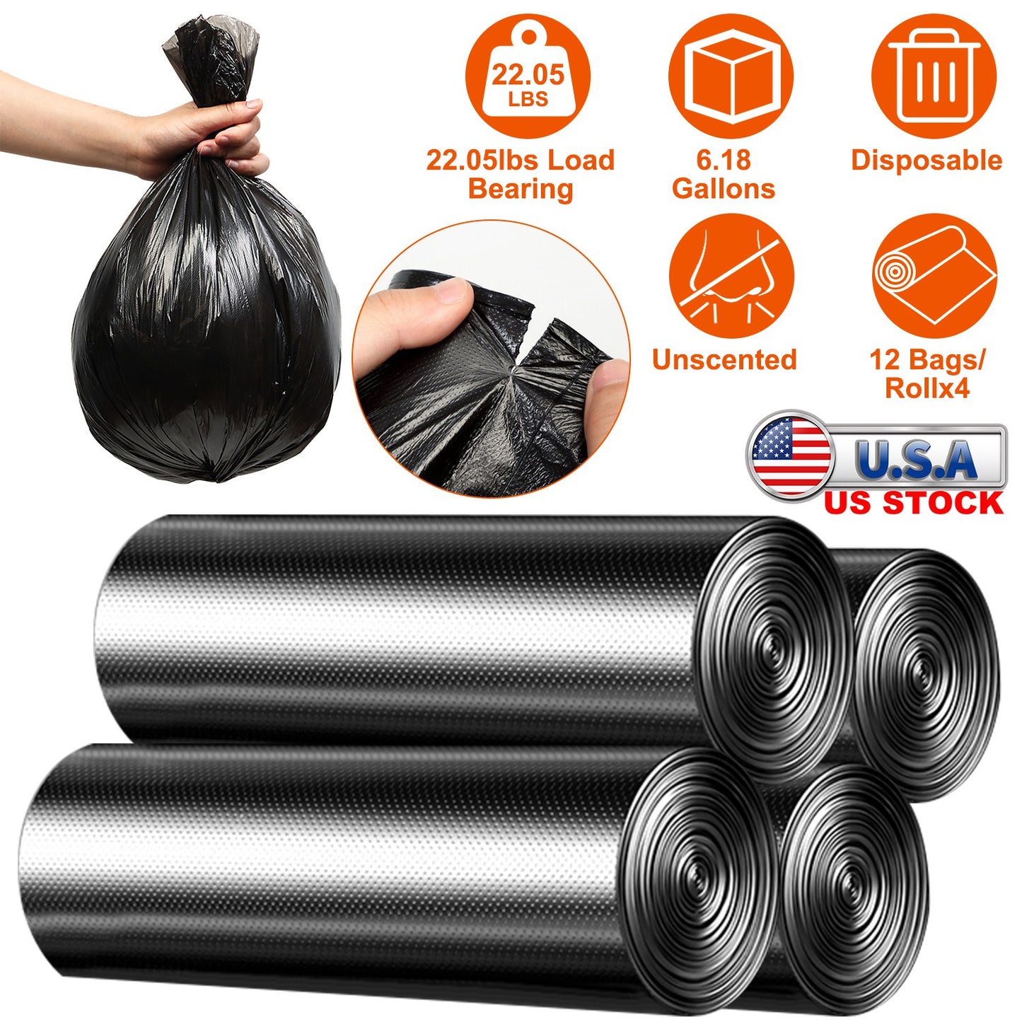 6.18 Gallon Trash Bags - 48 Count Black Unscented Liners