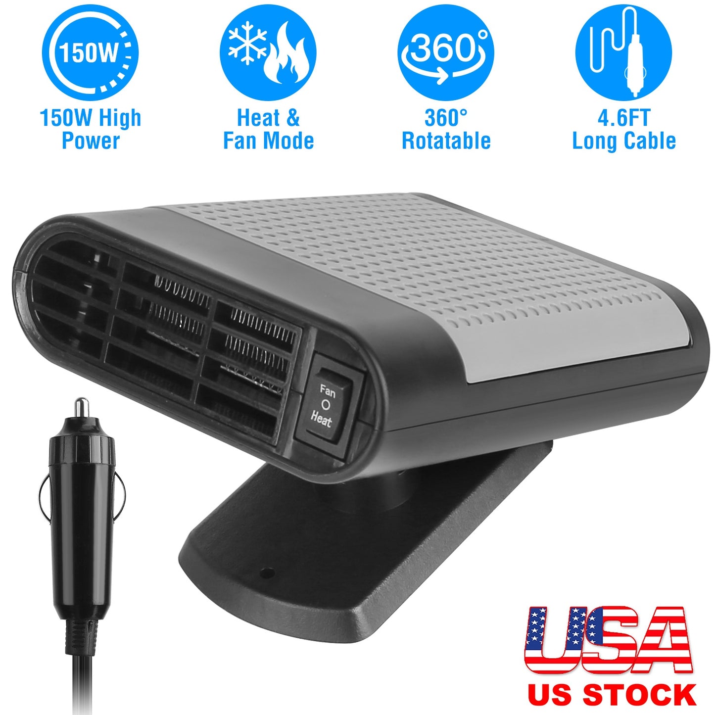 Portable Car Heater 150W 2-in-1 Defroster Fan with 360° Base