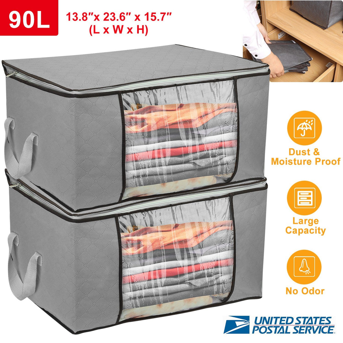 2Pcs Clothes Storage Bag 90L Large Capacity Foldable Closet Organizer w/ Thick Fabric Clear Window Dual-Zipper for Clothes Comforters Blankets Bedding