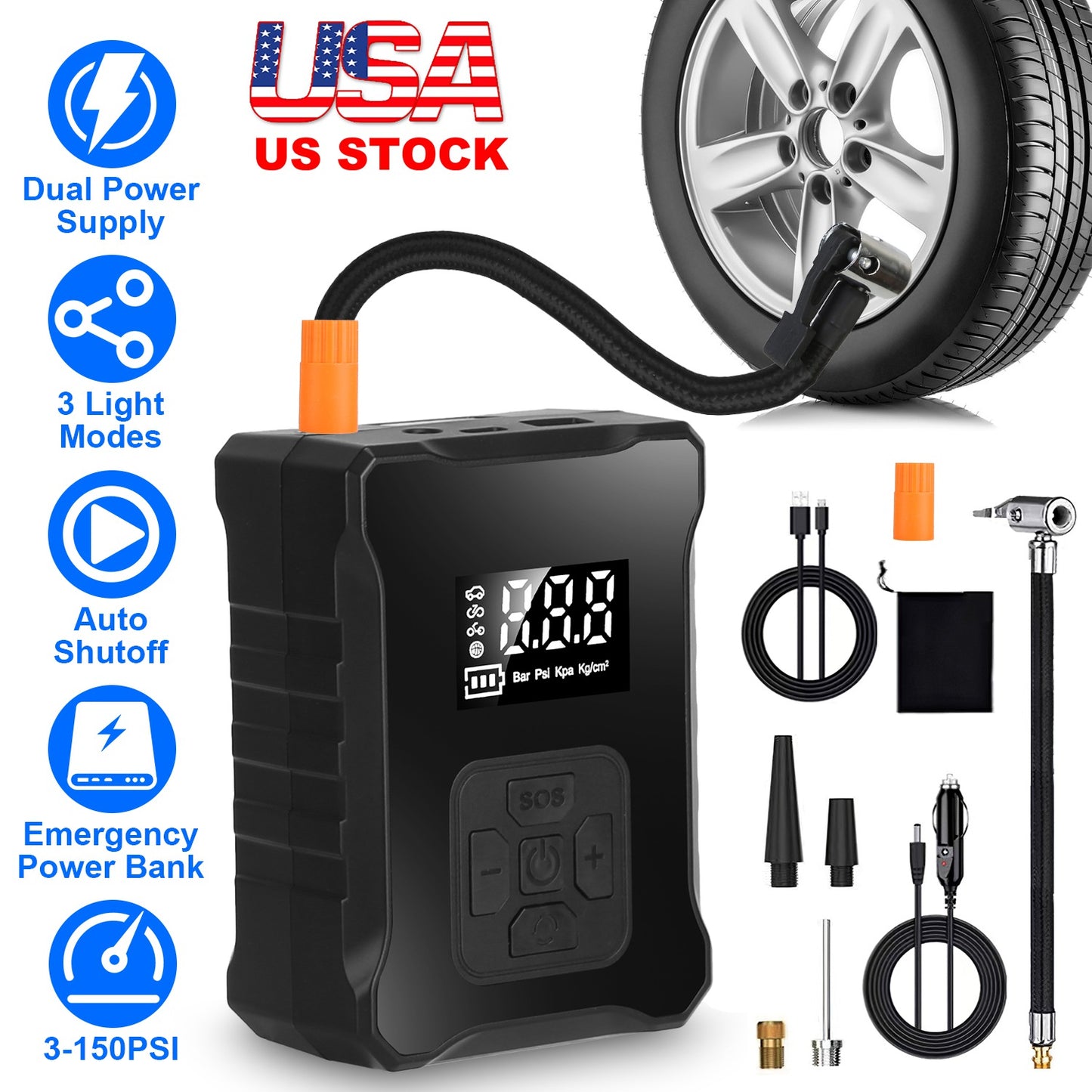 Cordless Tire Inflator 150PSI with LED Light & Power Bank