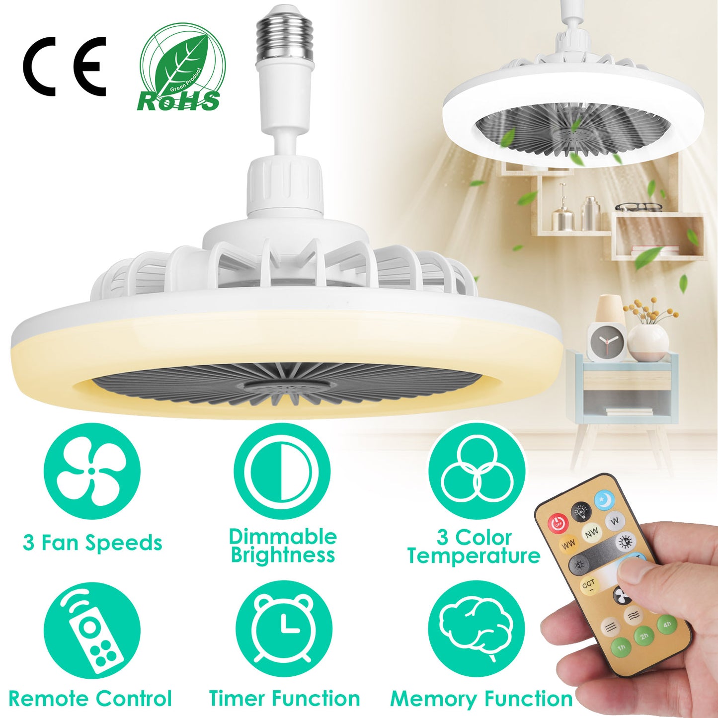 E27 Socket Ceiling Fan with Dimmable LED Light & Remote