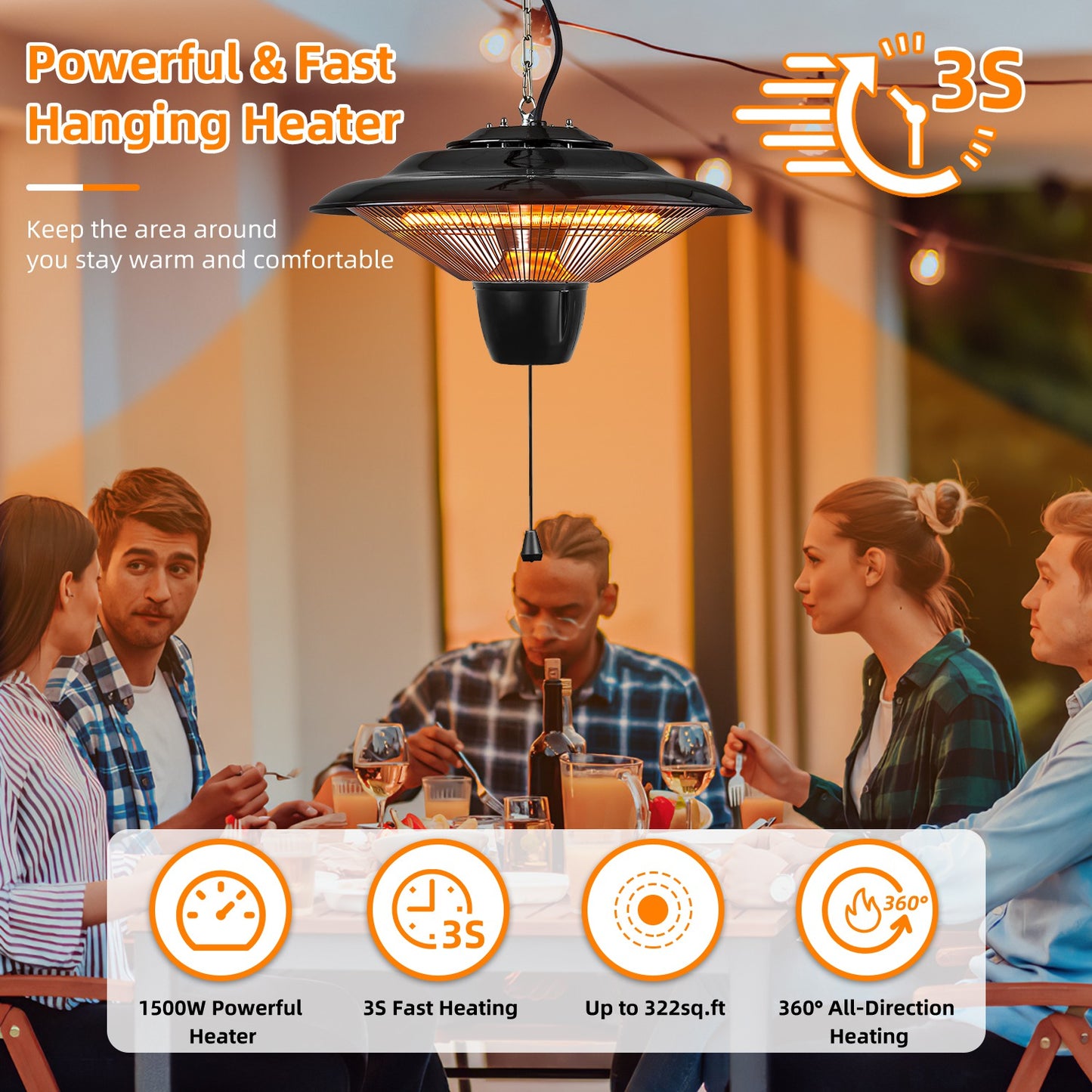 1500W Hanging Patio Heater with IP23 Waterproof & 2 Heat Levels