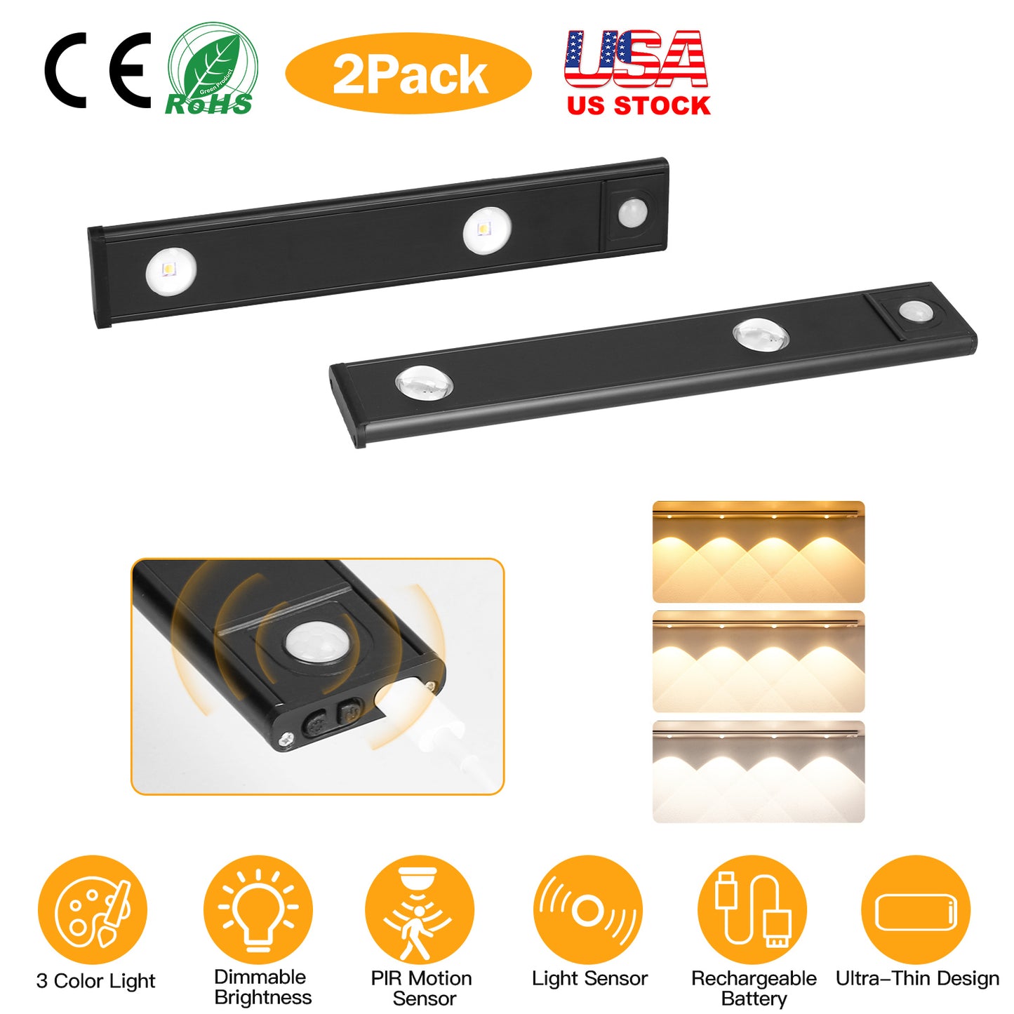 Rechargeable Motion Sensor Cabinet Light 2-Pack with 3 Colors