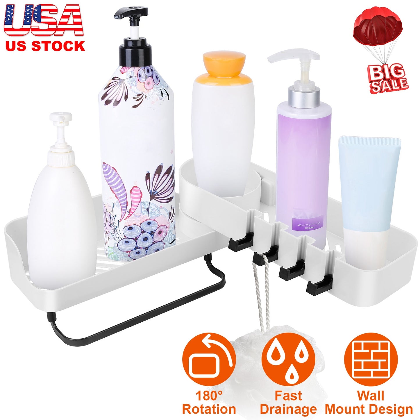 Rotatable Bathroom Corner Caddy Shelf with Towel Bar