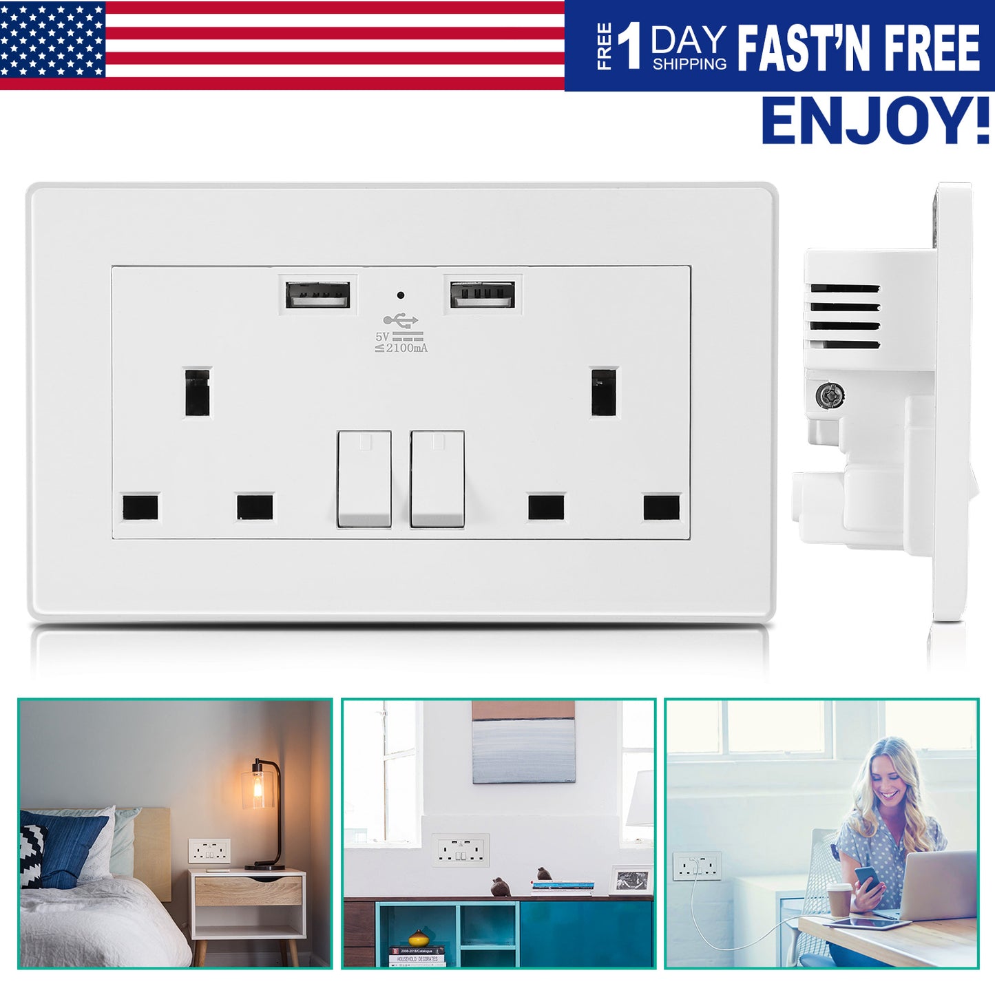 UK Dual Wall Socket with USB Charging Ports & Switches
