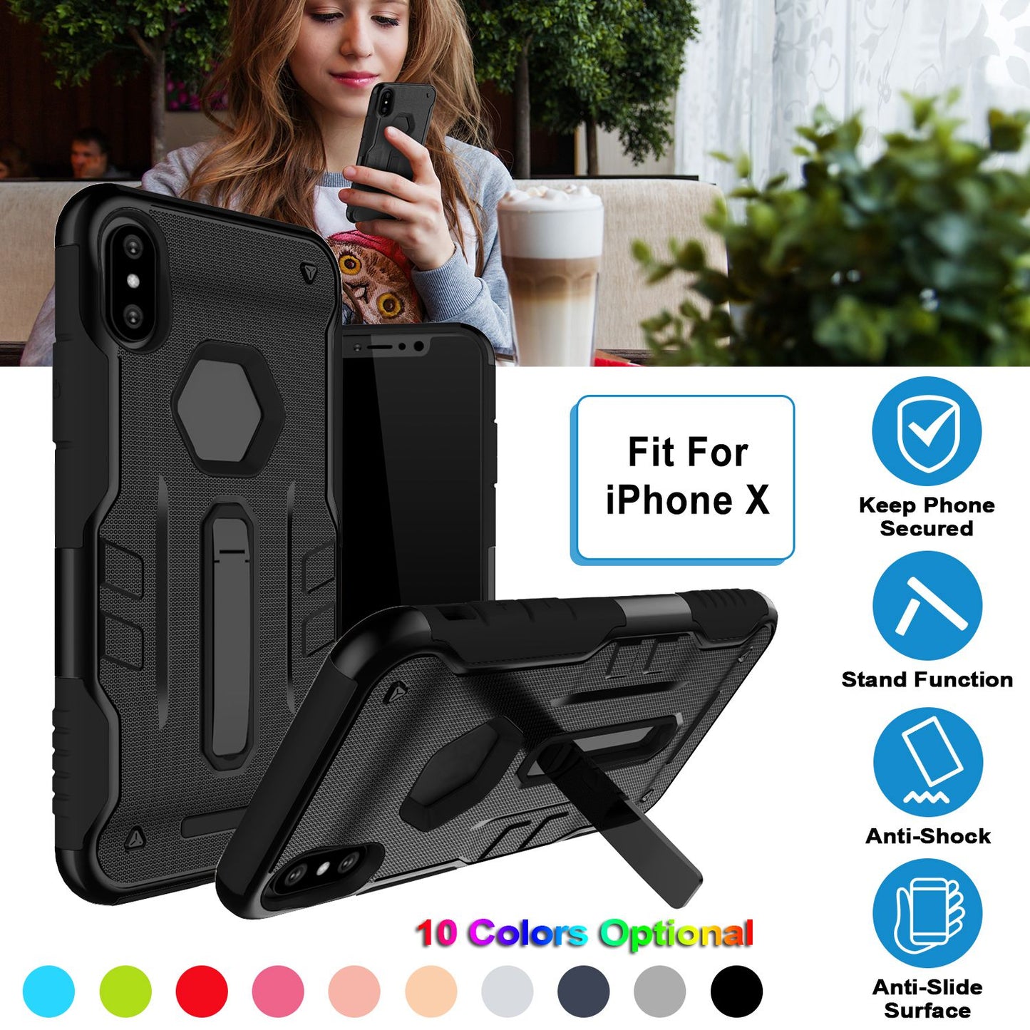 iPhone X Rugged Case with Kickstand - Dual Layer Protection
