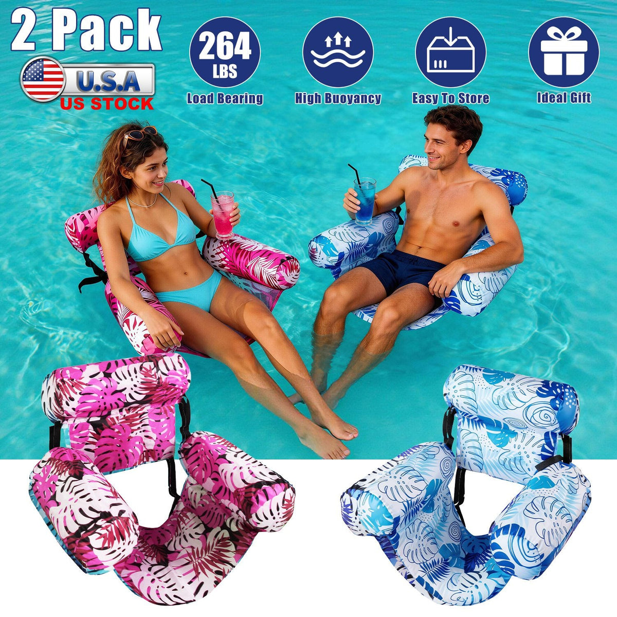 2 Pack Inflatable Pool Floats for Adult Inflatable Hammocks Floating Lounge Chairs for Party Summer Water Beach Lake Fun