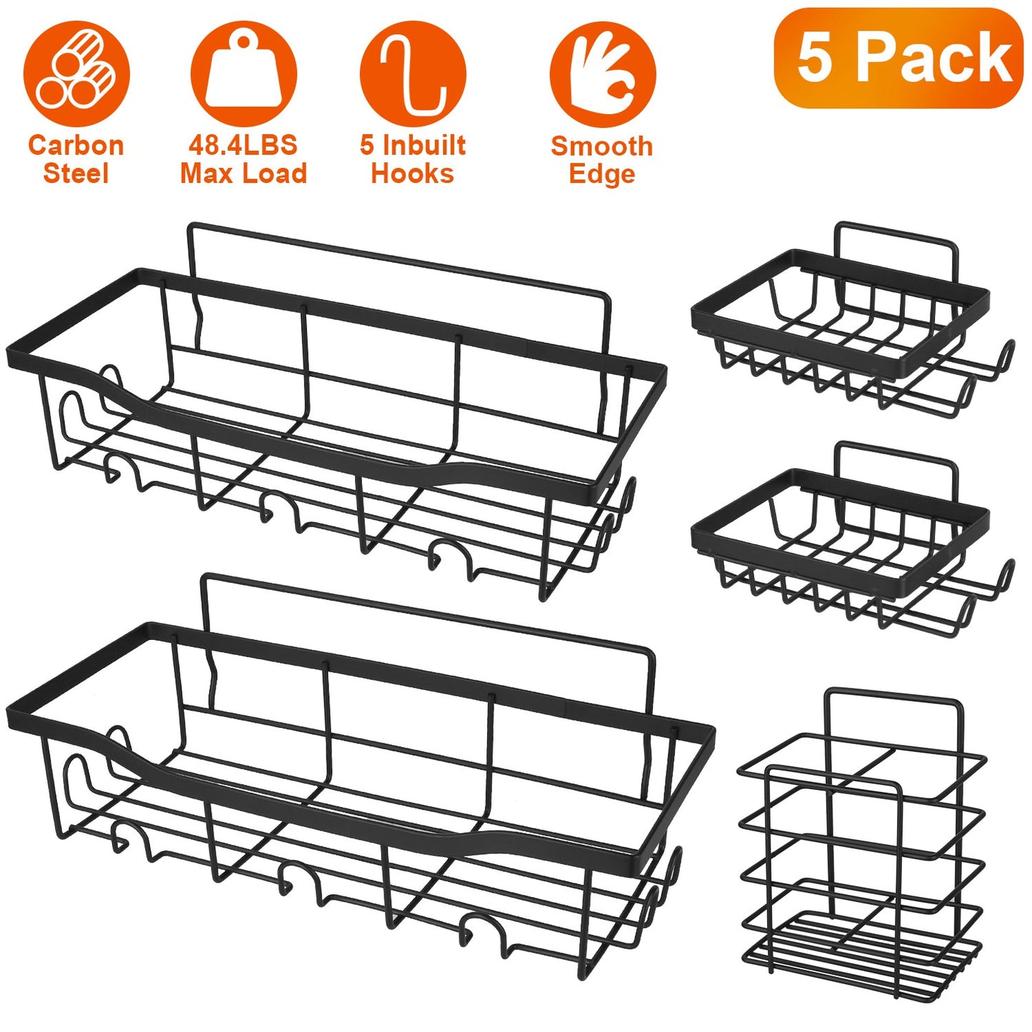 Shower Caddy 5-Piece Set with 18 Hooks - Adhesive Wall Mount