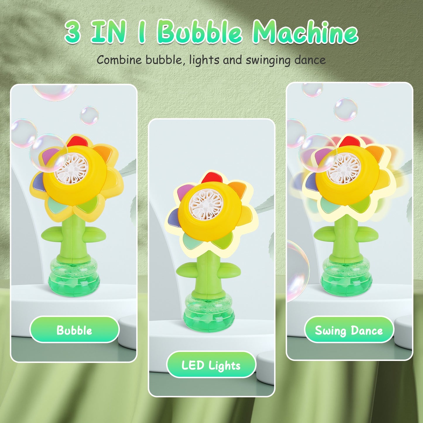 Rechargeable Sunflower Bubble Machine with LED Lights (2-Pack)