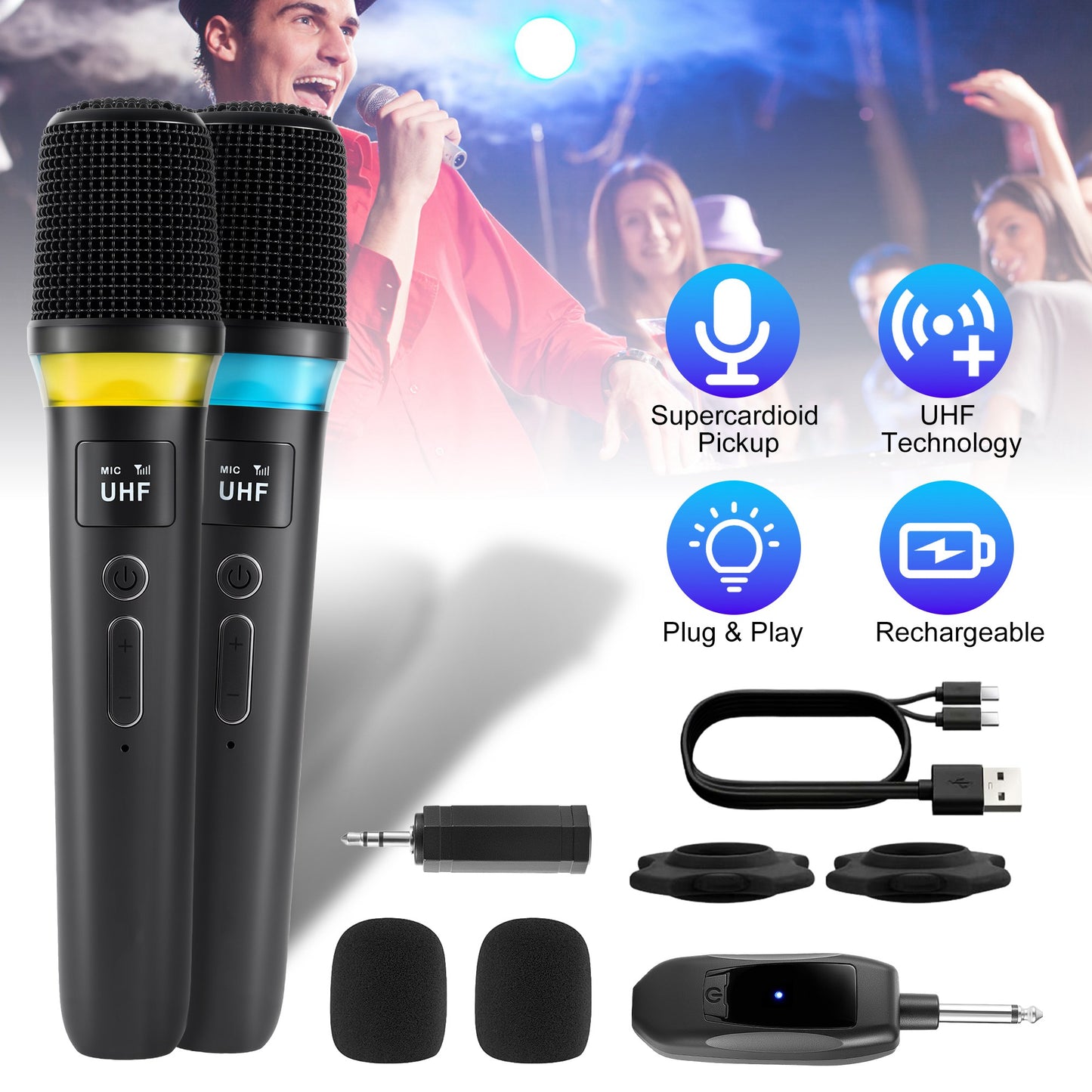 Wireless Microphone System with 164FT Range & RGB Lights