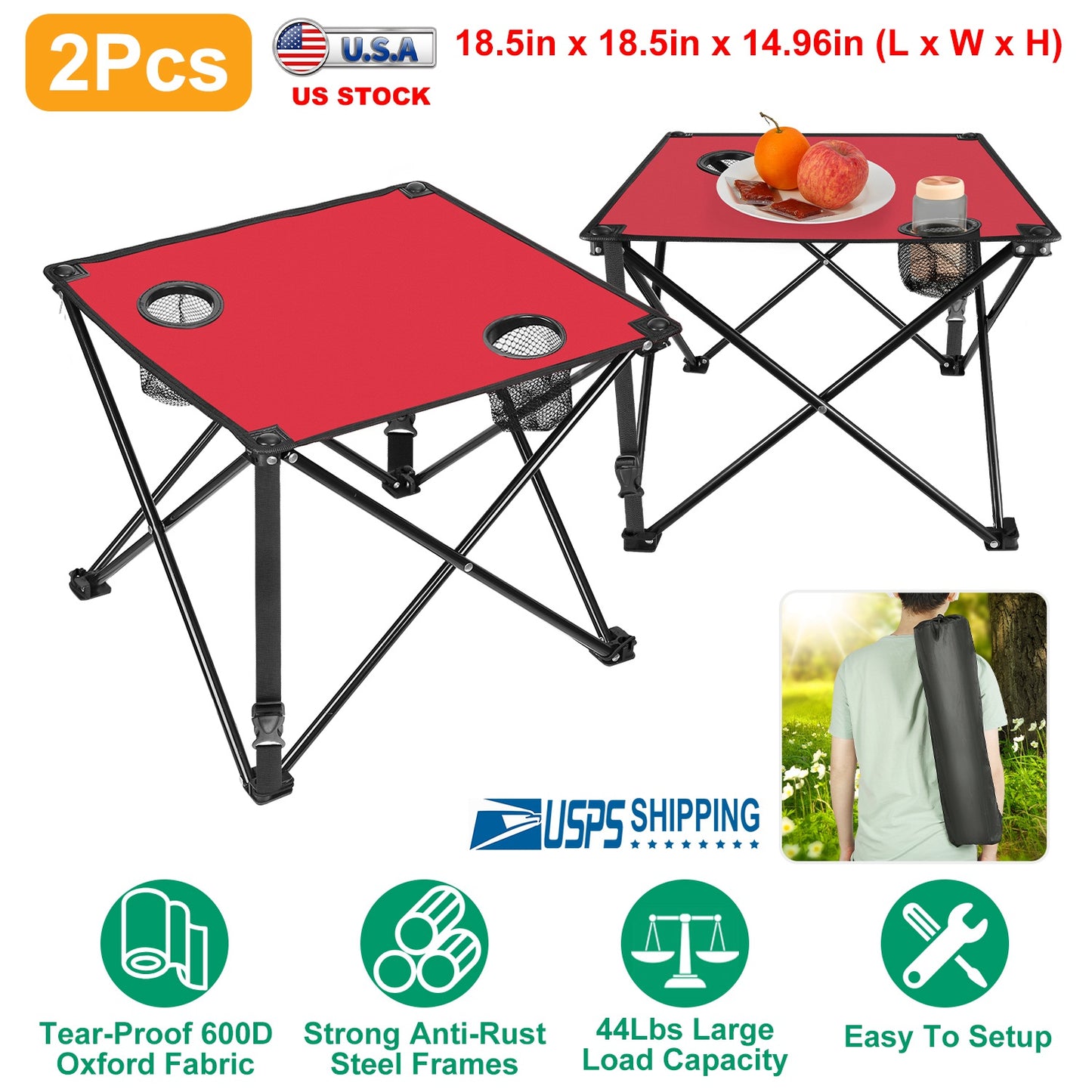 Foldable Camping Table with Cup Holders & Carry Bag (2-Pack)