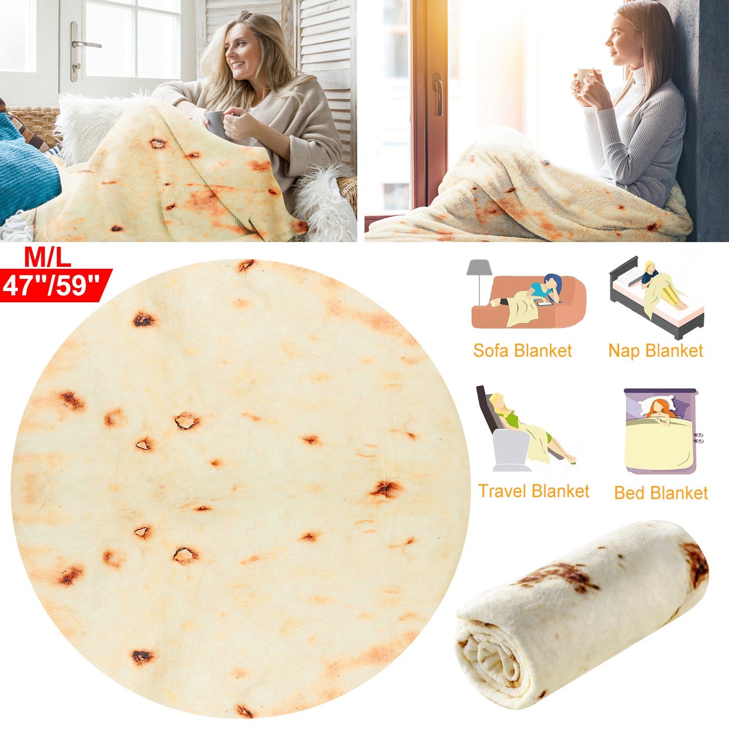 Burrito Tortilla Novelty Throw Blanket - Soft Flannel Round Wrap