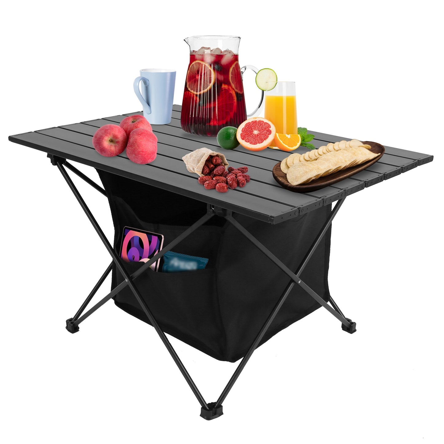 Foldable Camping Table with Storage Basket and Carrying Bag