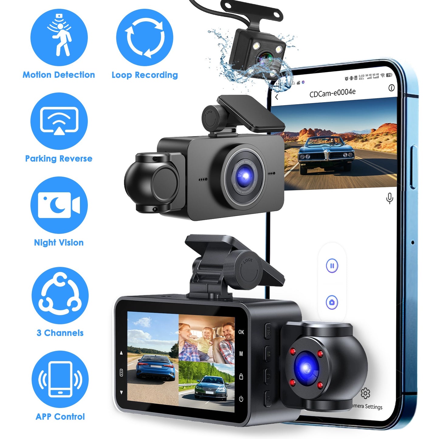 3-Channel Dash Cam with Front, Rear & Interior Cameras