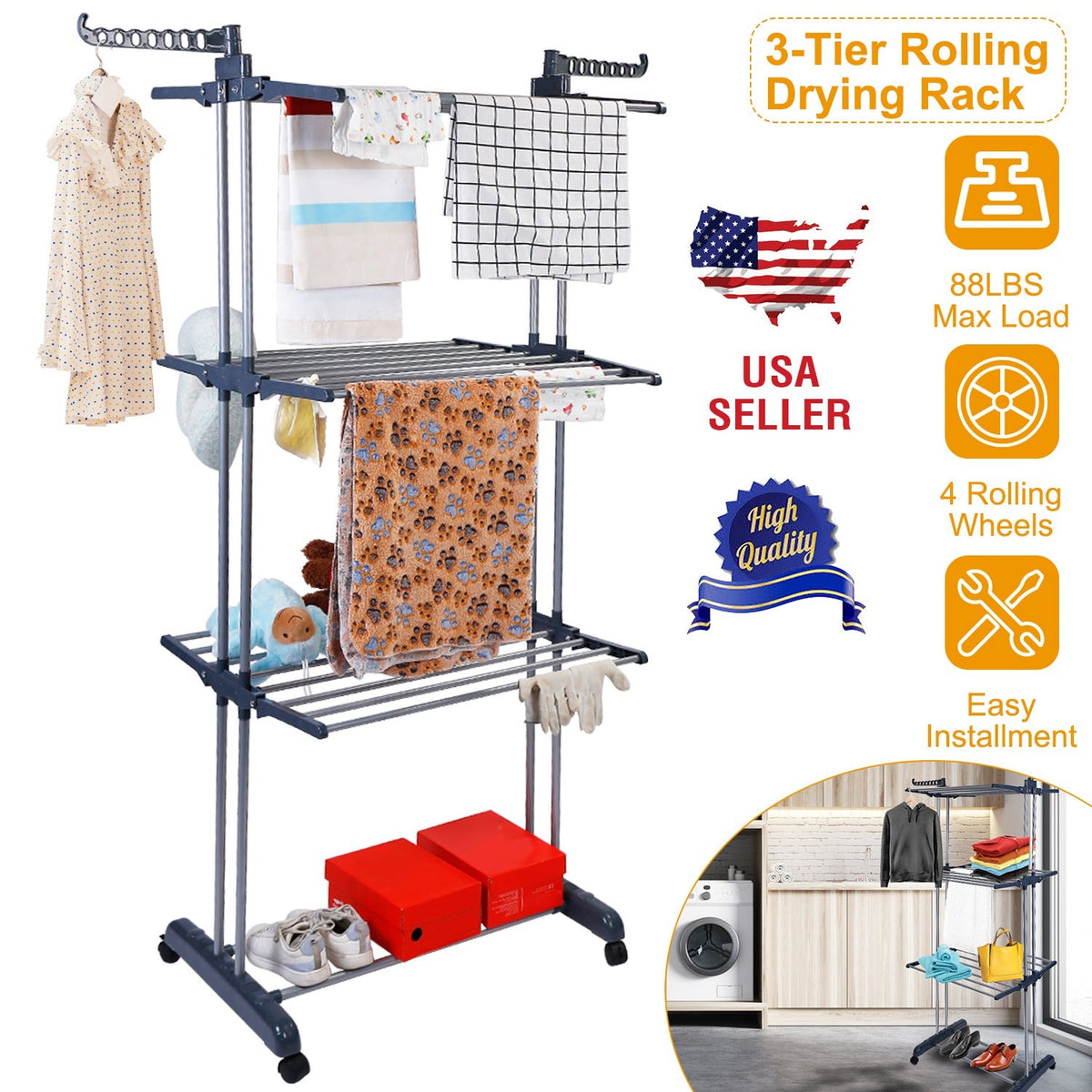 Clothes Drying Rack Rolling Collapsible Laundry Dryer Hanger Stand Rail ShelveWardrobe Clothing Drying Racks w/ Dual Side Wings