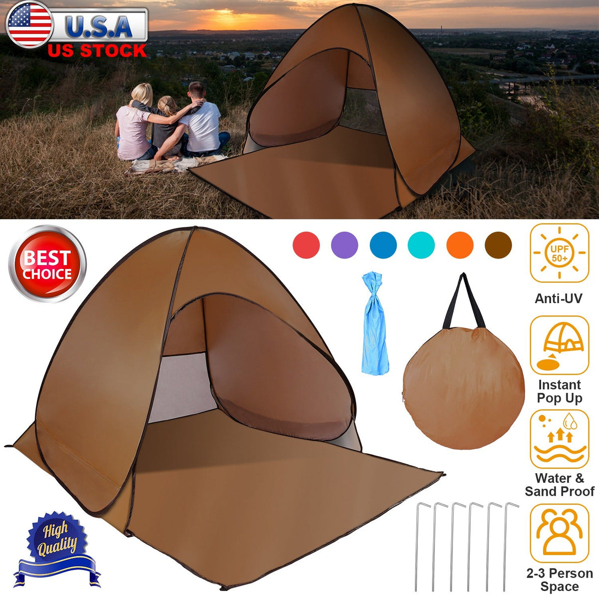 Pop Up Beach Tent Sun Shade Shelter Anti-UV Automatic Waterproof Tent Canopy for 2/3 Man w/ Net Window Storage Bag for Outdoor Beach Camping Fishing P