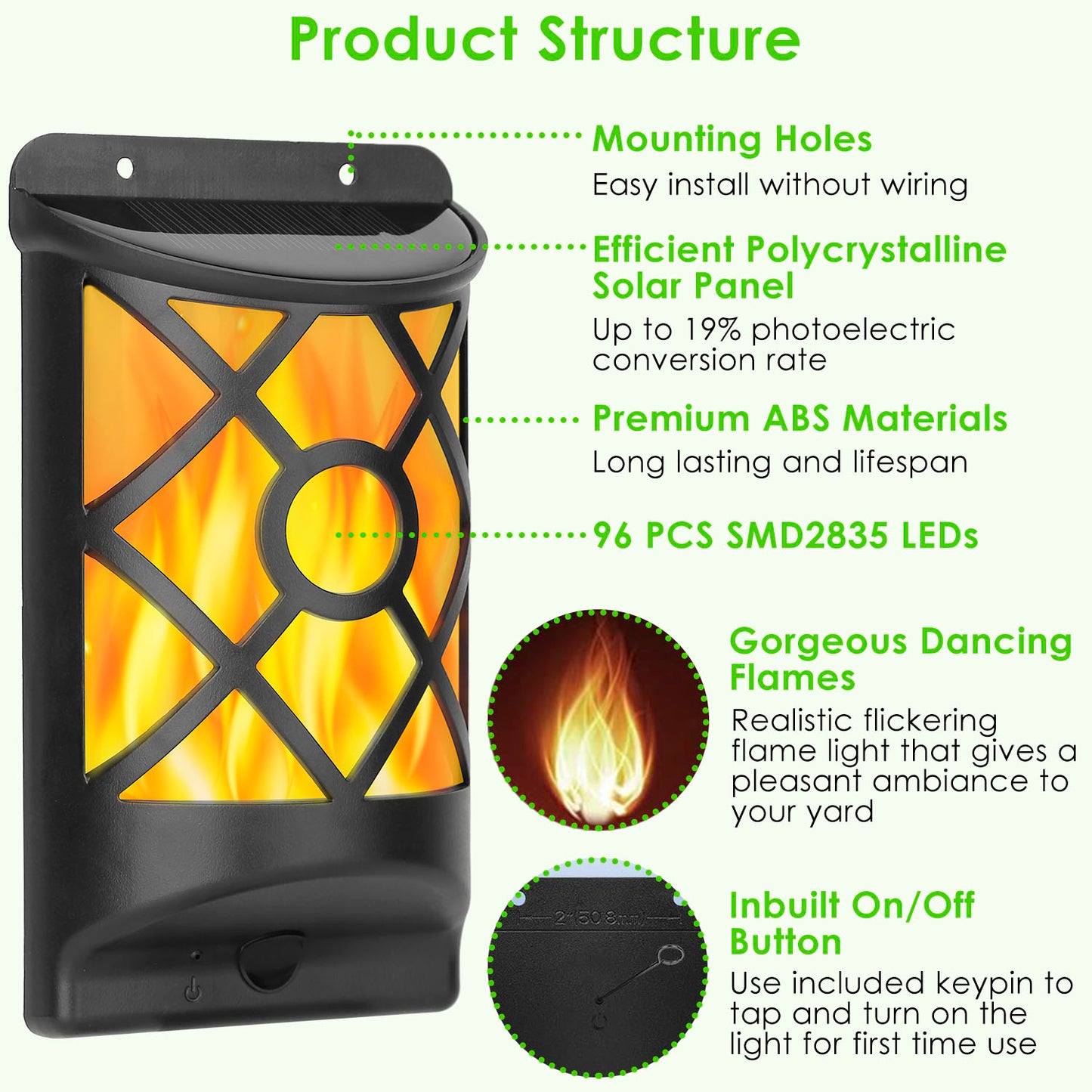 Solar Flame Wall Light with 96 LEDs - Waterproof Outdoor