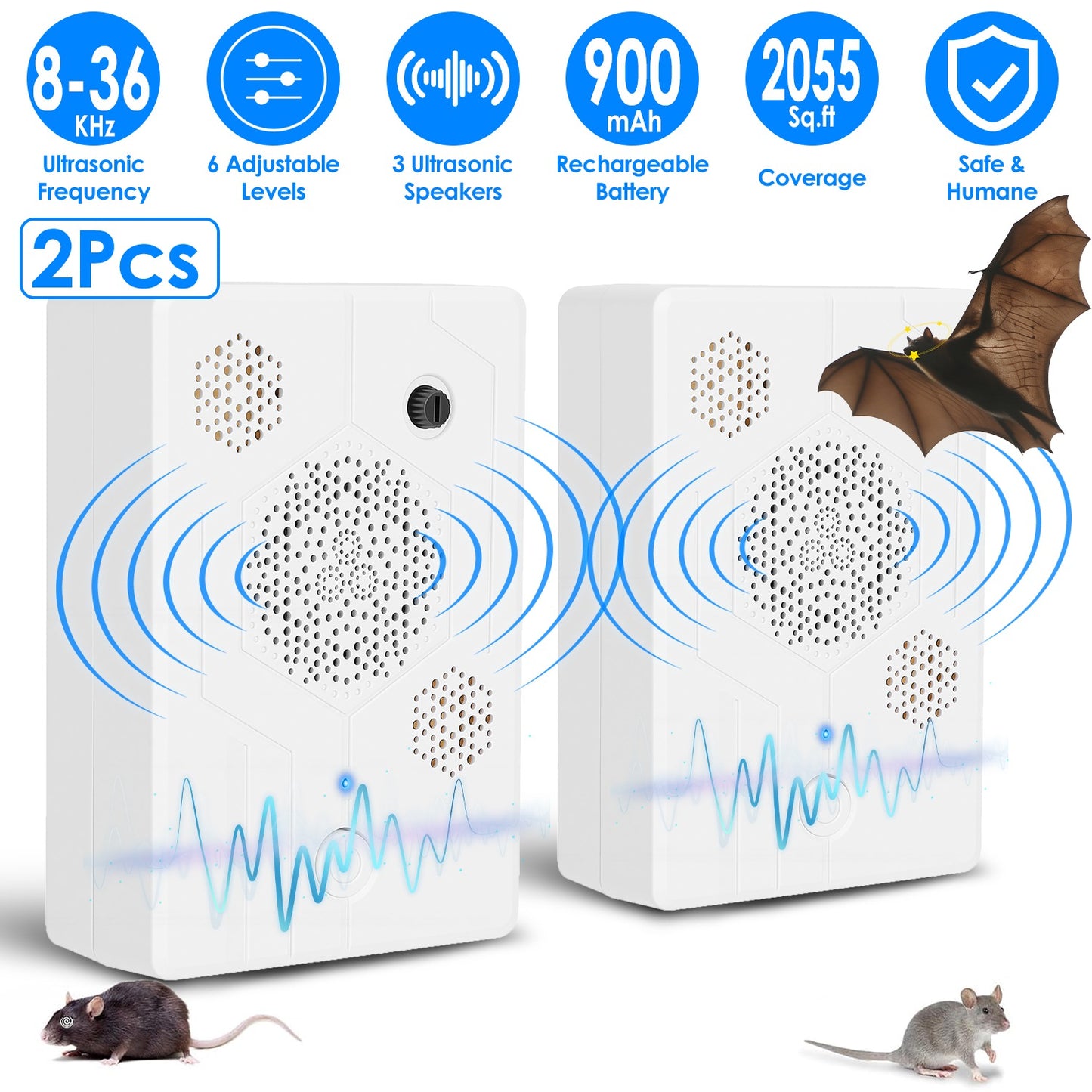 Ultrasonic Pest Repeller 2-Pack Rechargeable Bat Bird Mouse