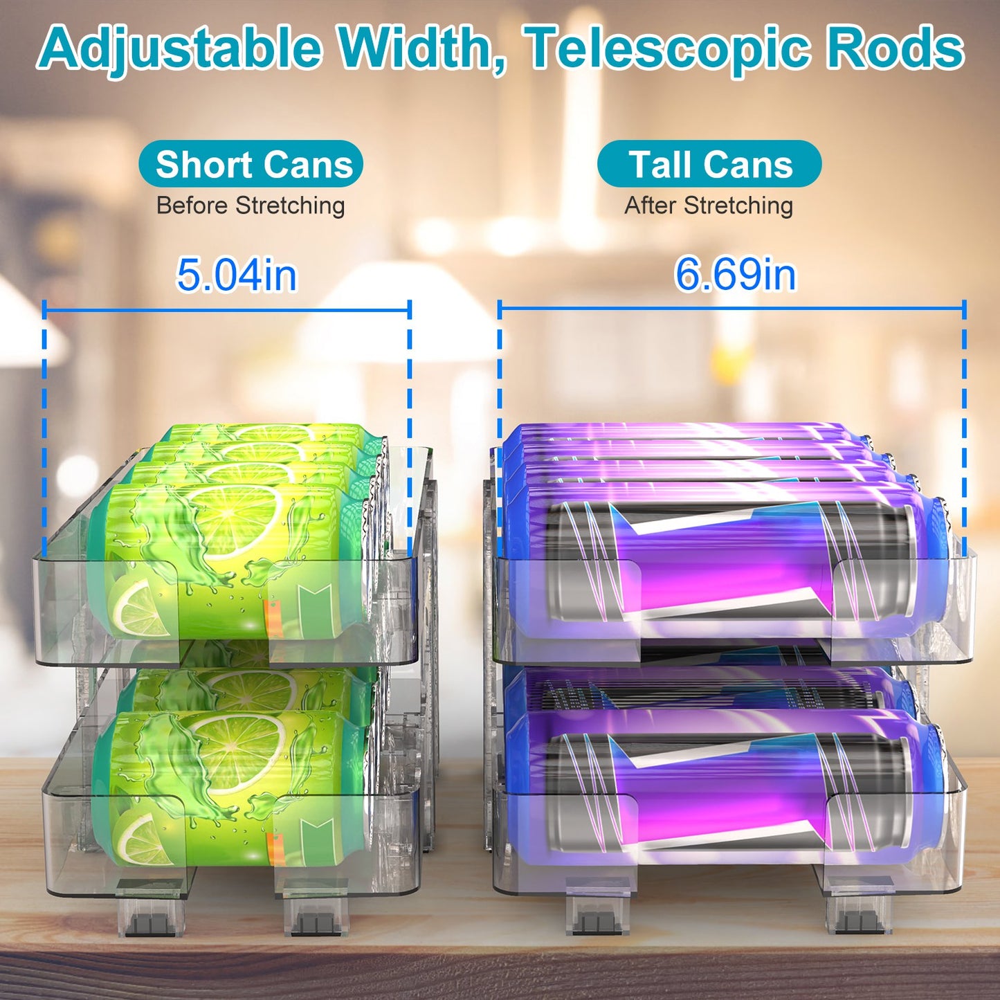 Adjustable Soda Can Organizer 2-Pack with Auto-Rolling Dispenser