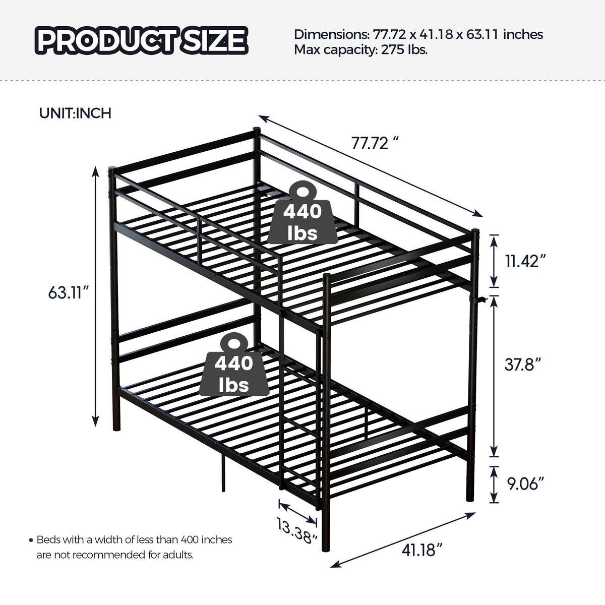 Twin Over Twin Metal Bunk Bed with Ladder and Guardrails