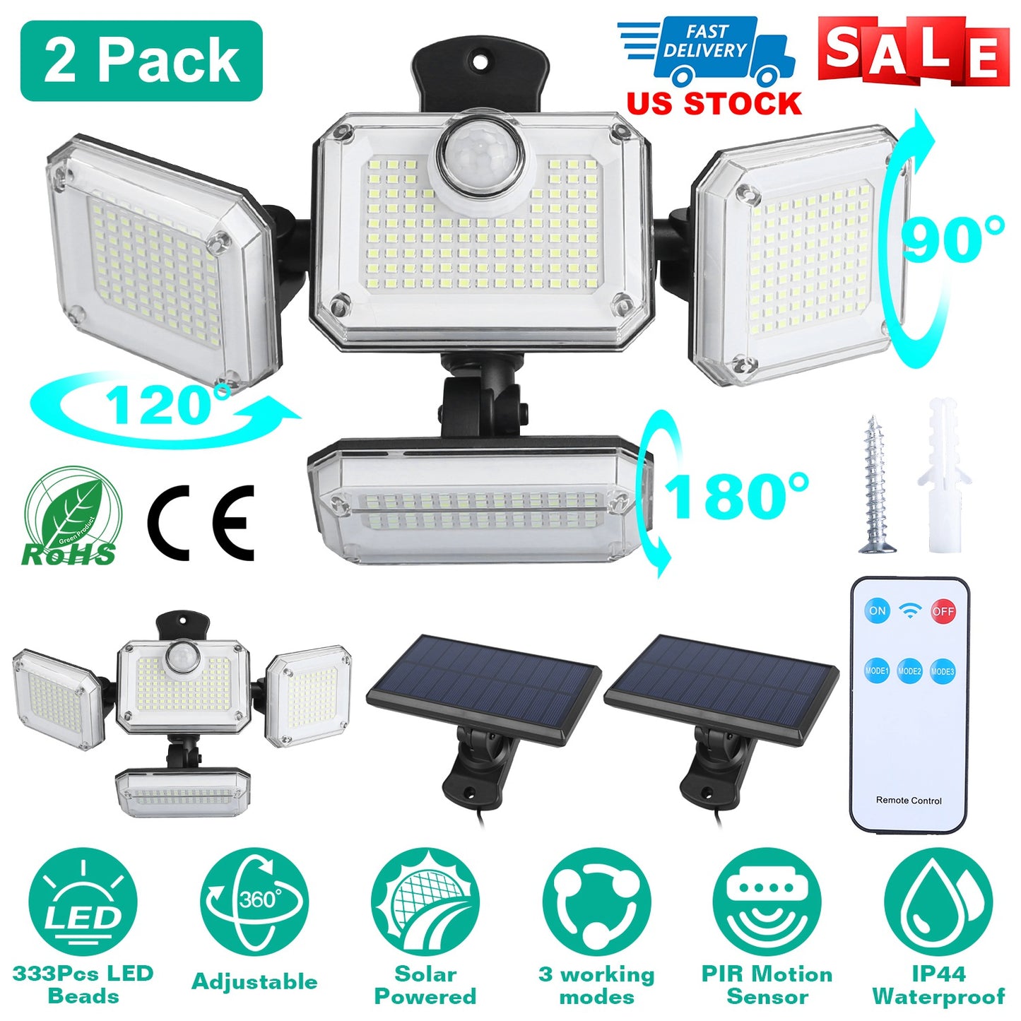 Solar Motion Sensor Wall Light 2-Pack with 333 LED Beads