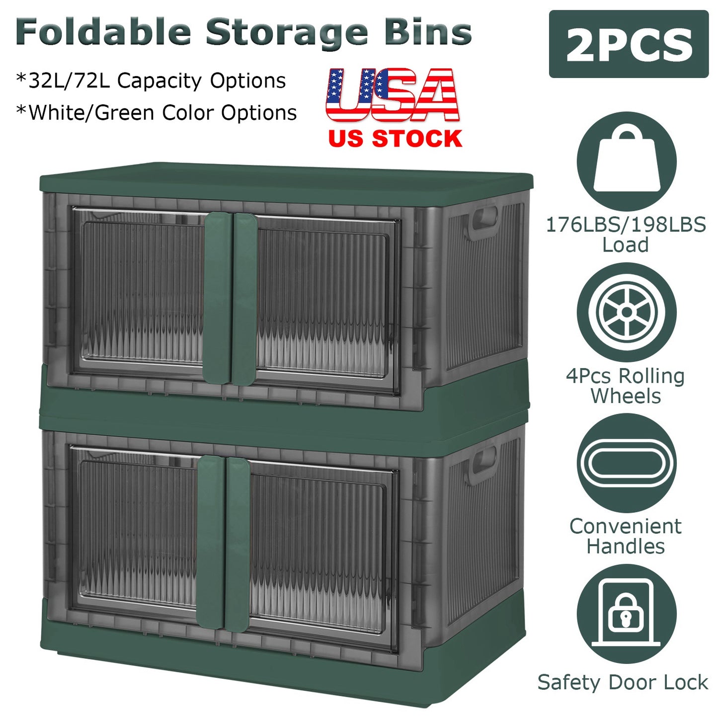 32L Foldable Storage Bins with Lid and Front Door - 2 Pack