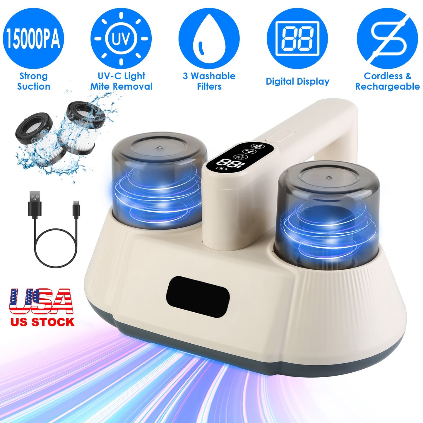 Cordless Mattress Vacuum Cleaner with UV-C Light & 15000PA Suction