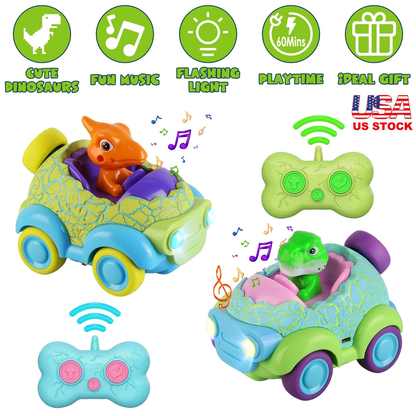 Dinosaur Remote Control Cars 2-Pack for Toddlers Ages 3+
