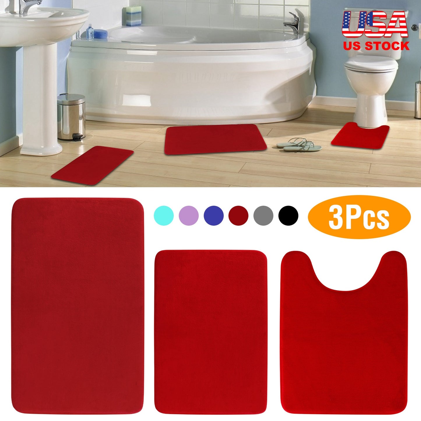 Bathroom Rug Set 3-Piece Plush Memory Foam Non-Slip