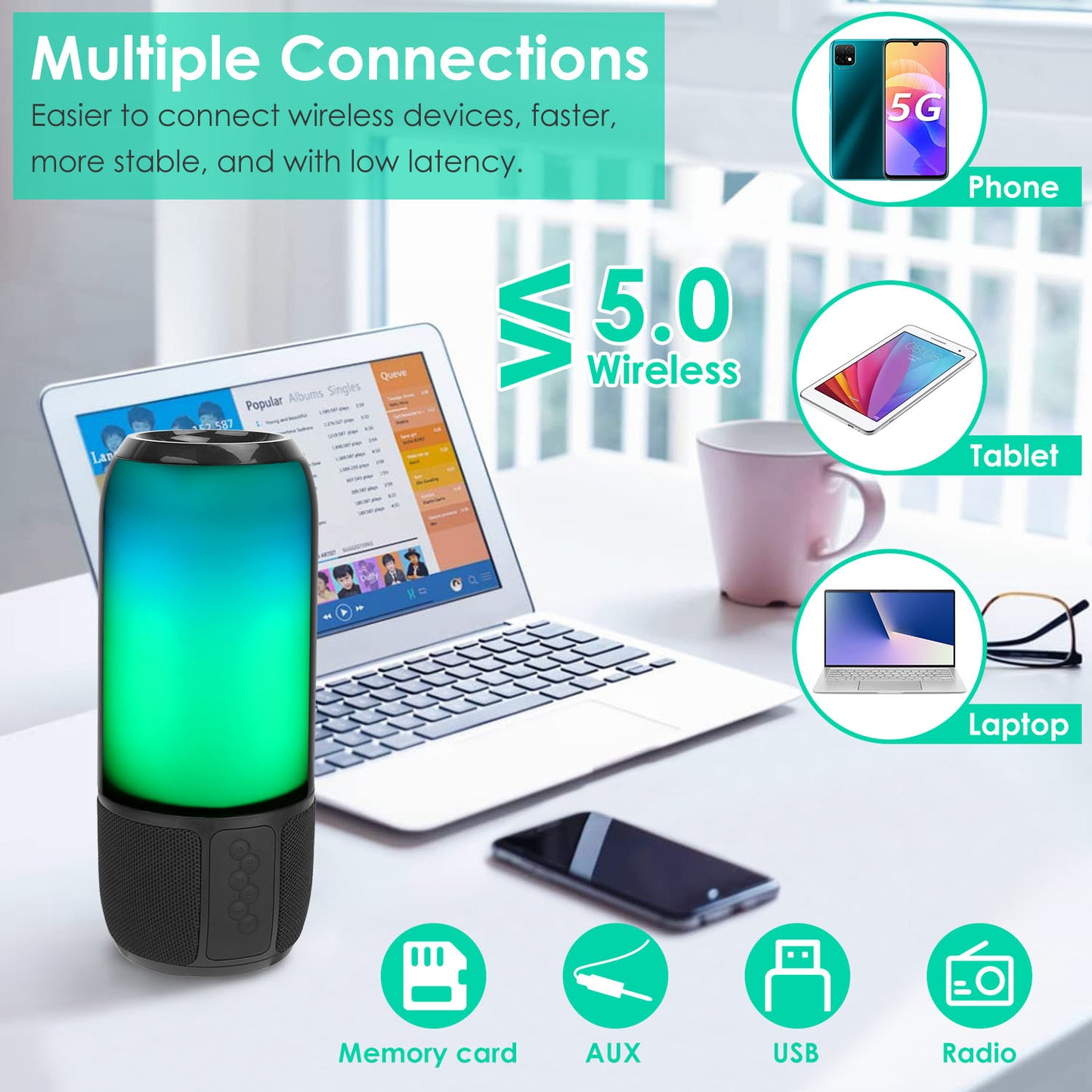 Portable Bluetooth Speaker with 6 Color LED Lights & Stereo Sound