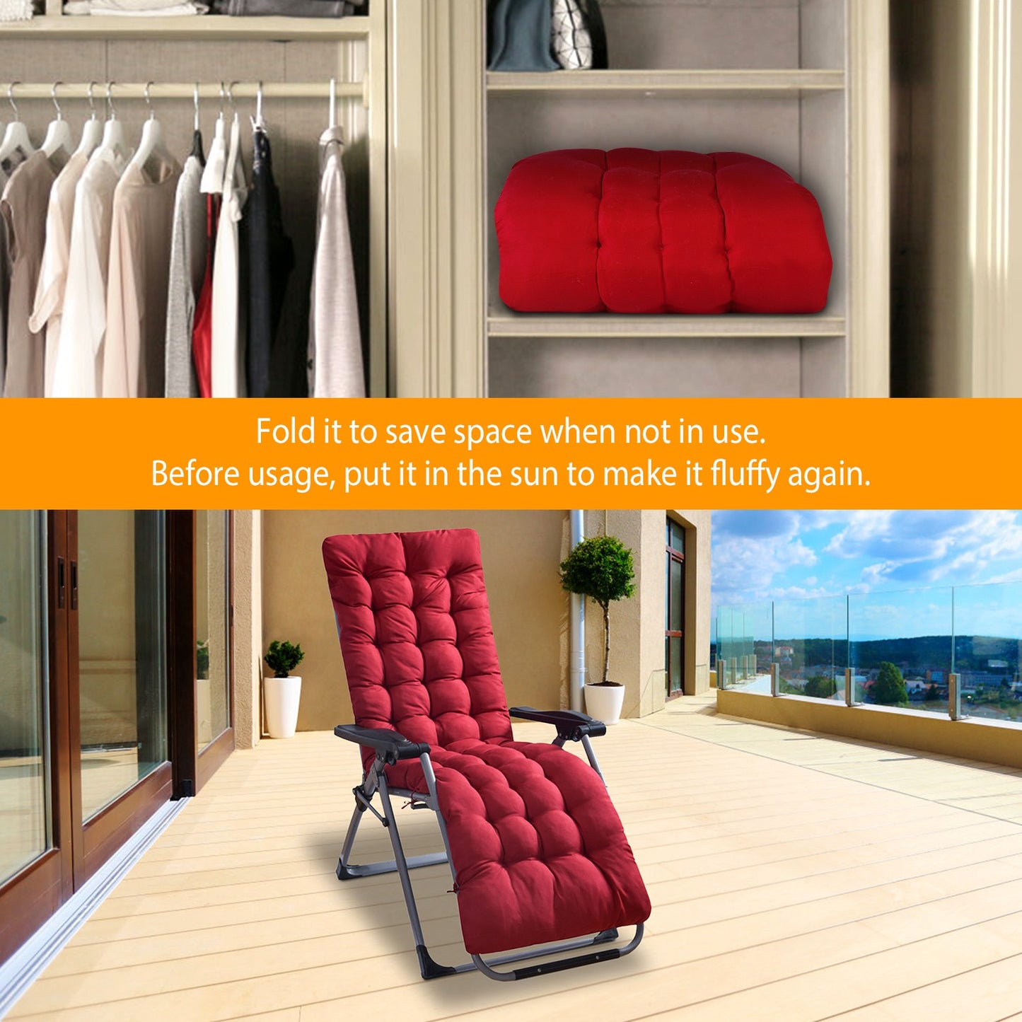 Chaise Lounger Cushion 67x22in with Secure Straps