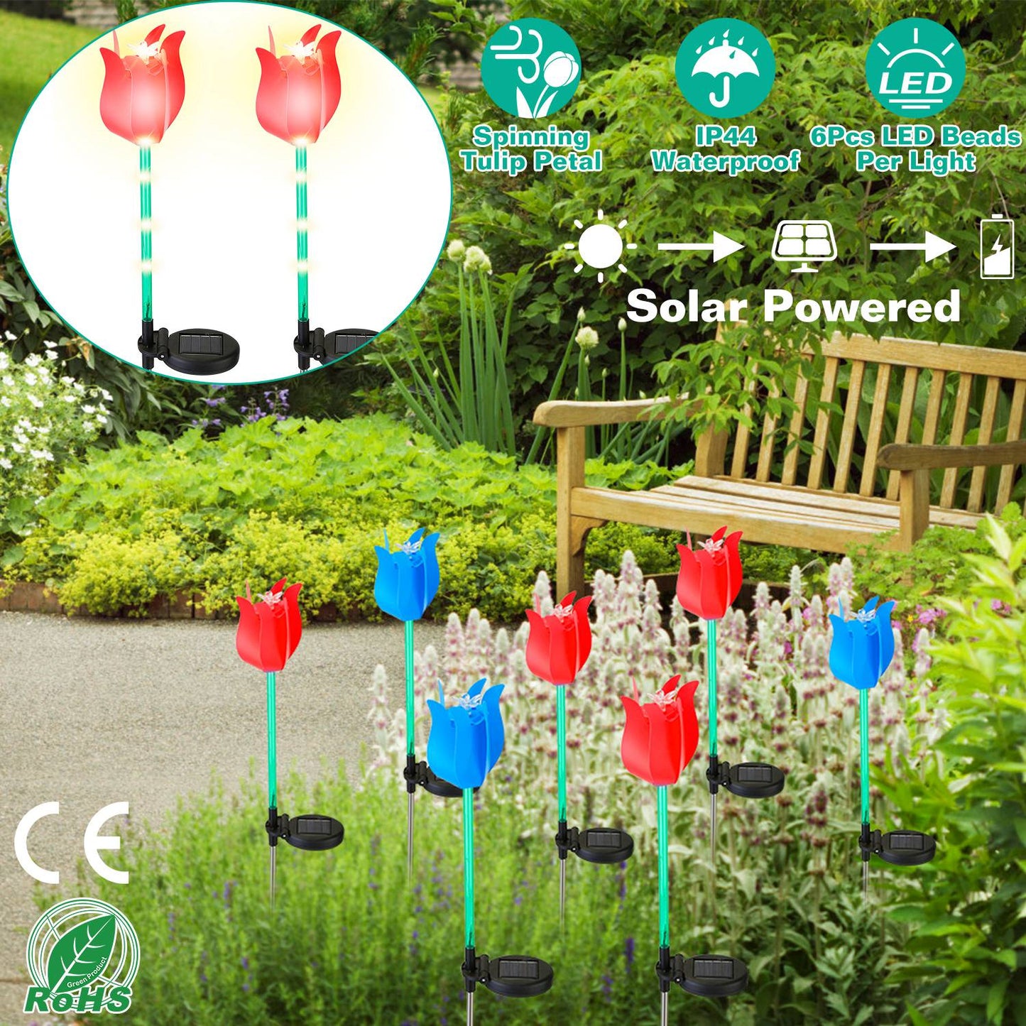 Solar Powered Tulip Garden Stake Light with Windmill