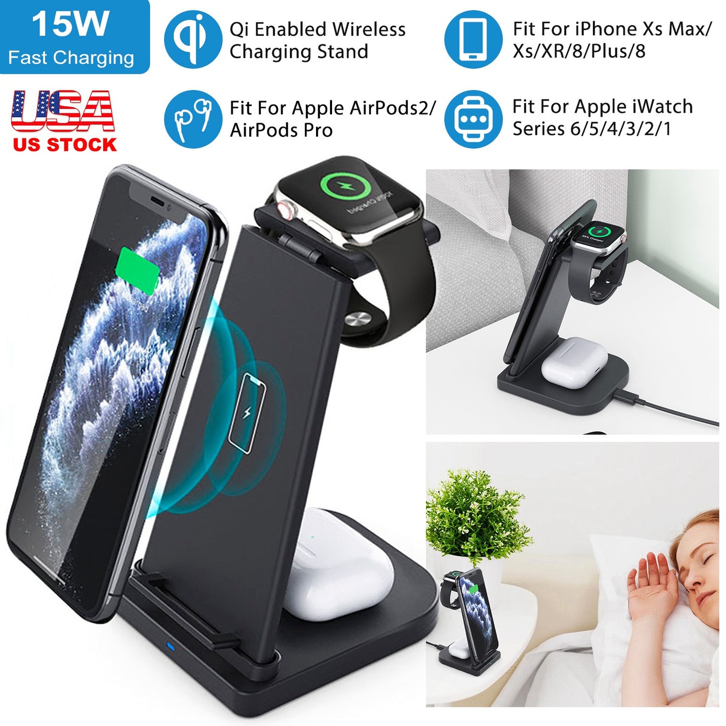 3-in-1 Wireless Charging Station 15W Fast Charge Dock