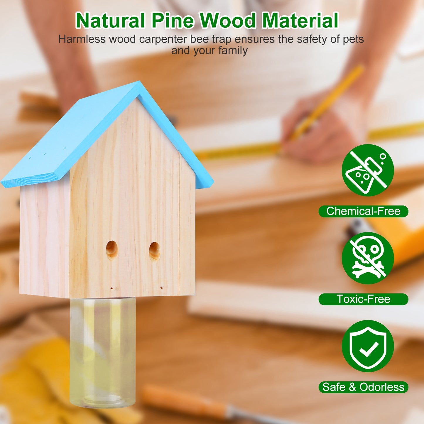 Carpenter Bee Trap - Natural Pine Wood Outdoor Hanging