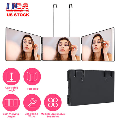 3 Way Mirror with Telescopic Hanger Tri-fold Mirror Personal Makeup Mirror for Self Shaving Hair Cutting Dyeing Curling Braiding
