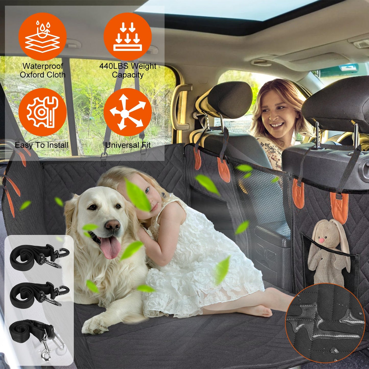 Waterproof Dog Car Seat Cover for Back Seat - Hammock Style