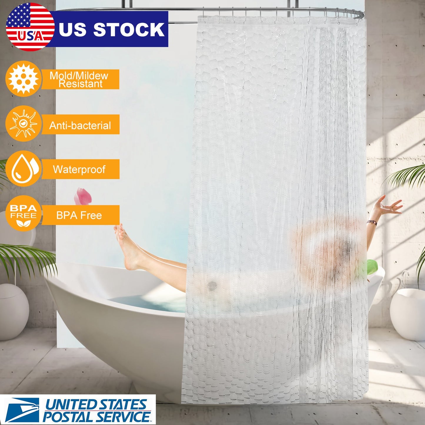 Waterproof EVA Shower Curtain 70x70 Inches with 12 Hooks