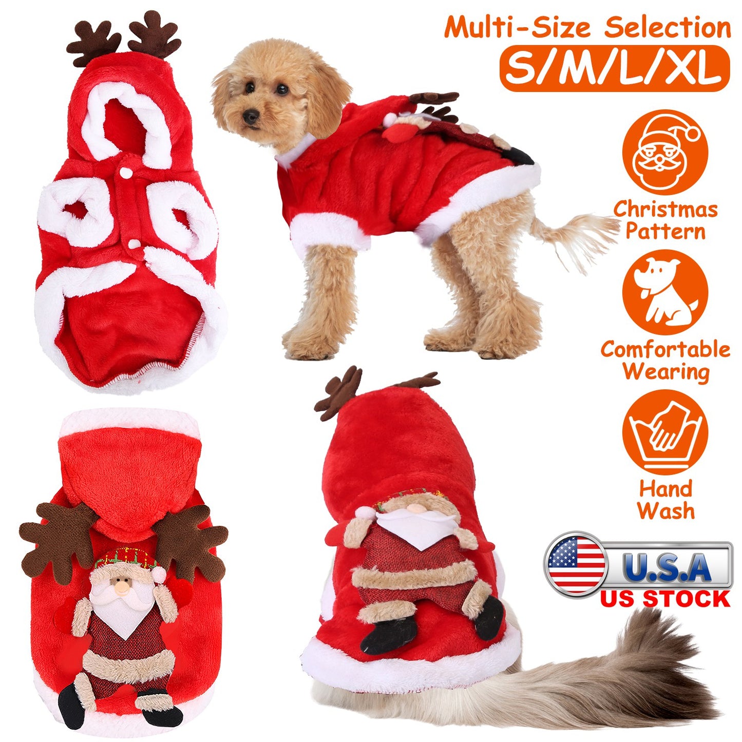 Santa Claus Pet Costume with Reindeer Antlers for Dogs & Cats