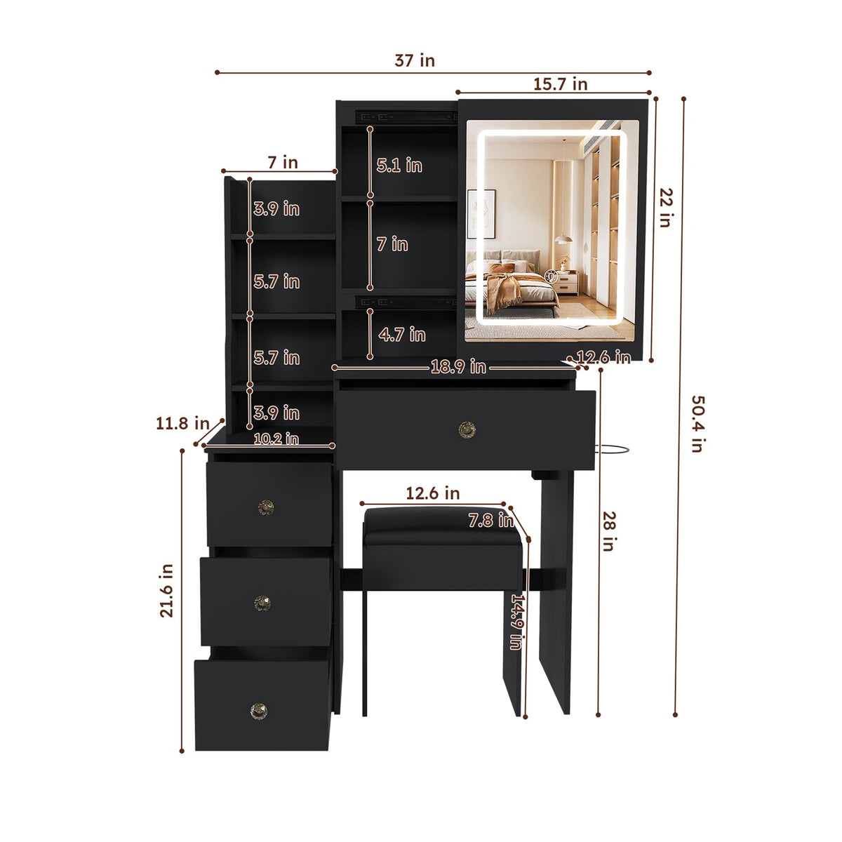Vanity Desk Set with Lighted Mirror, 4 Drawers & Stool