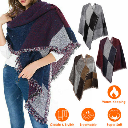 Women Winter Warm Scarf 74.8x25.6In Long Soft Knitted Shawl Extra Thick Plaid Blanket Wrap Cape