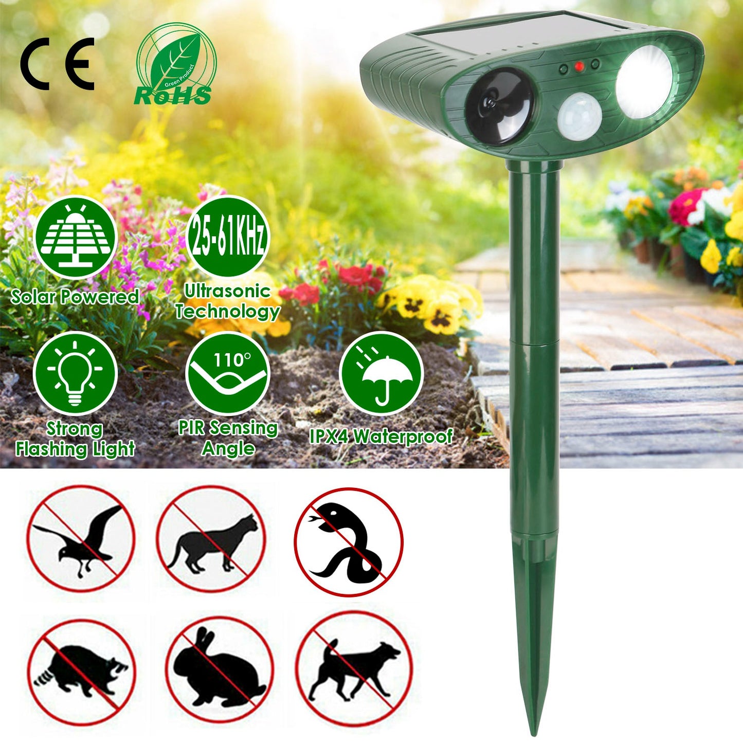 Solar Ultrasonic Animal Repeller with Motion Sensor & LED Light